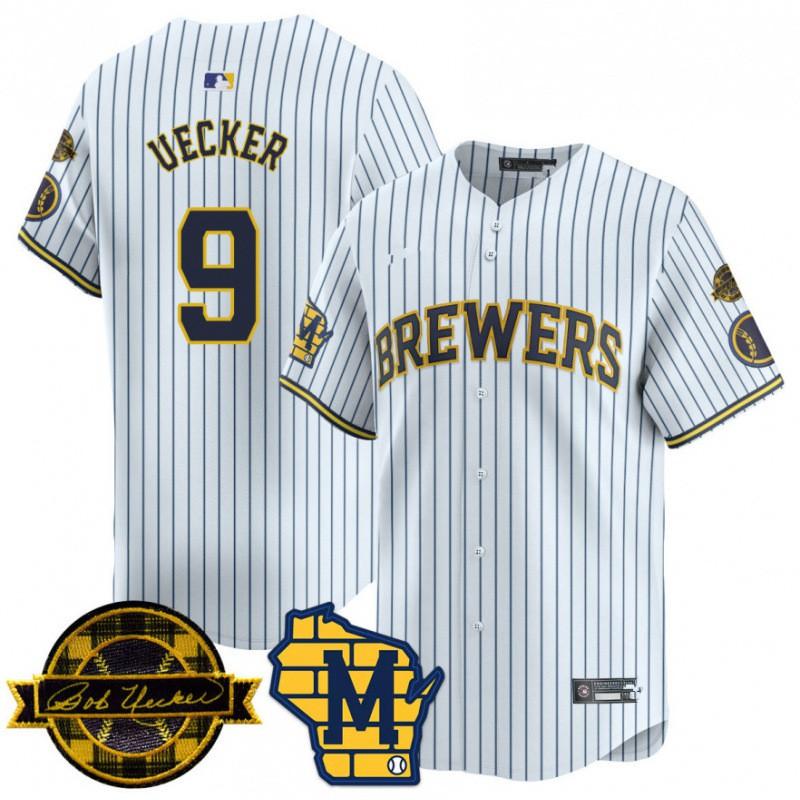 Бейсболка Milwaukee Brewers MLB с вышитым номером 9 UECKER, Белая в полоску, Унисекс, Кепка для фаната