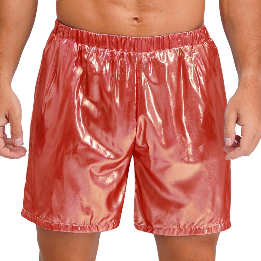 Mens Shiny Boxer Shorts Elastic Waistband Side Pocket Design Loose Fit Glossy Beach Shorts Loungewear
