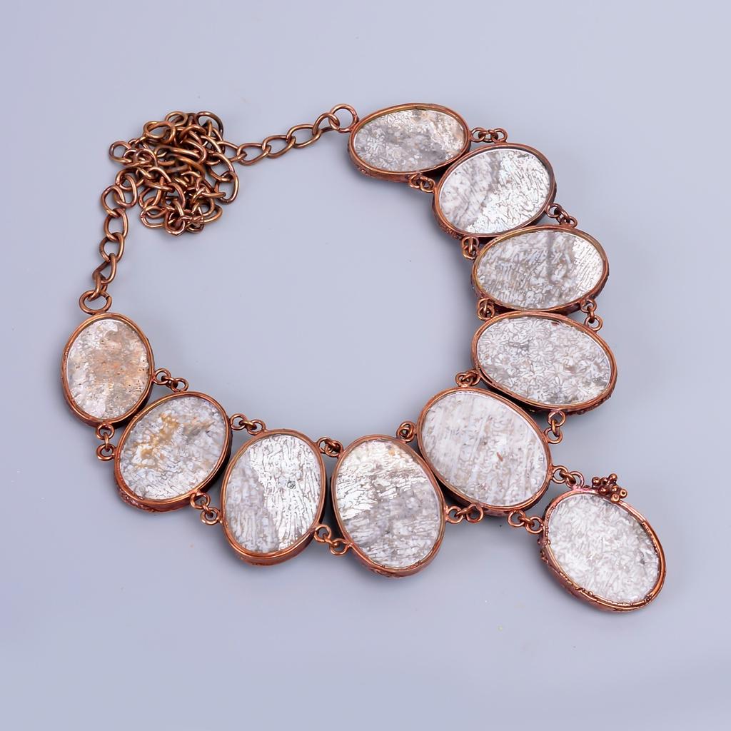Friendship Day Deal Oval Fossil Coral Stone Copper Electroformed Chain Necklace V-86