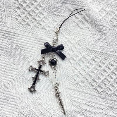 Брелок с подвеской для телефона, Kawaii-милый брелок, шнурок, черный ремешок с крестом и бантом, ремешок из бисера, Y2K для женщин и девочек