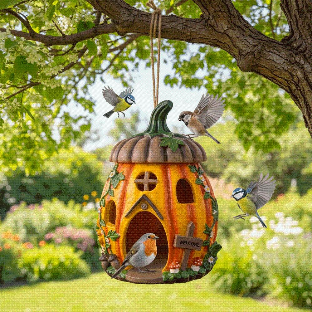 Vibrant Orange Pumpkin Bird House Waterproof Garden Bird Shelter Resin Birdhouse Nest Garden Patio