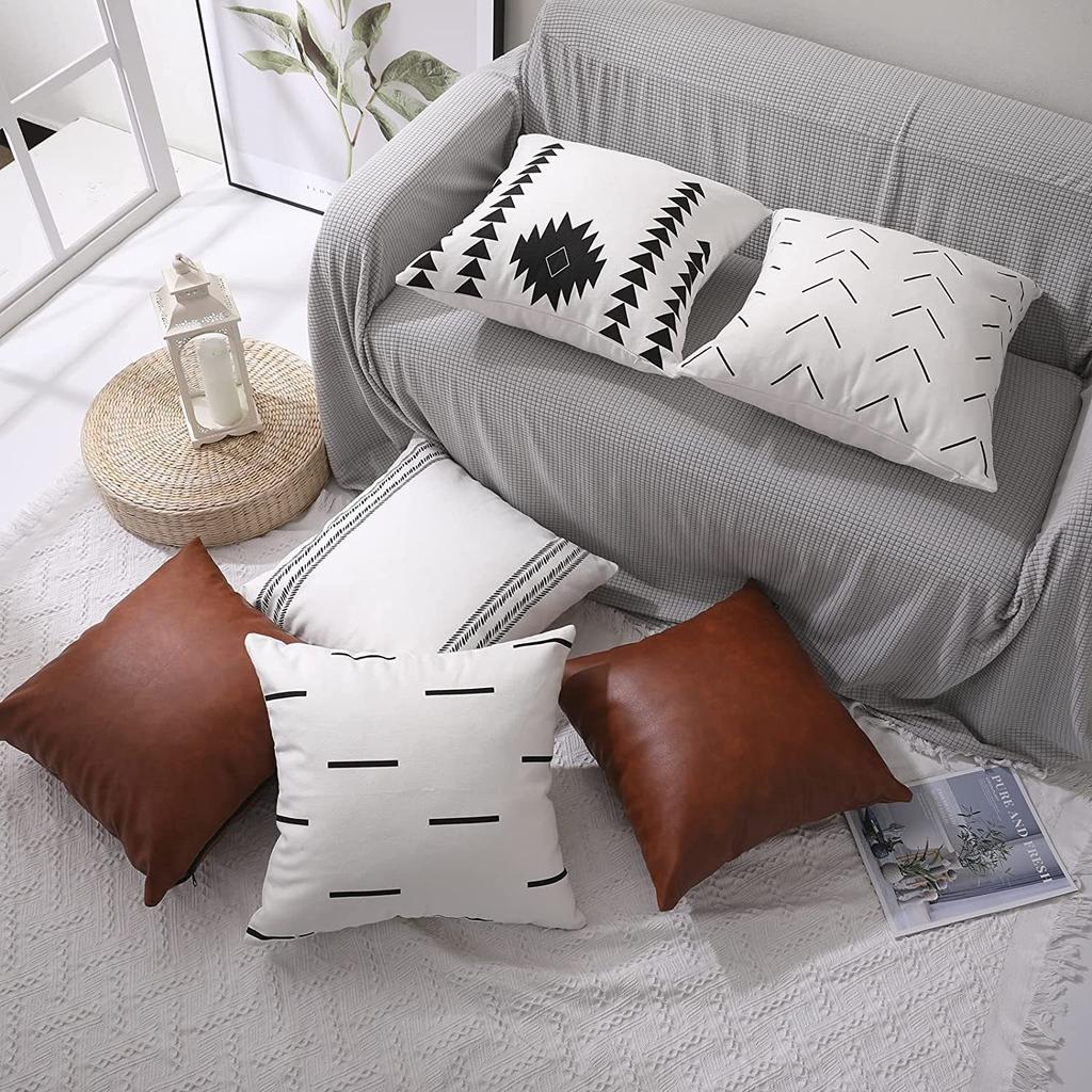New Leather and Cotton Canvas Tassel Pillowcase Six-piece Sofa Decorative Pillowcase Set