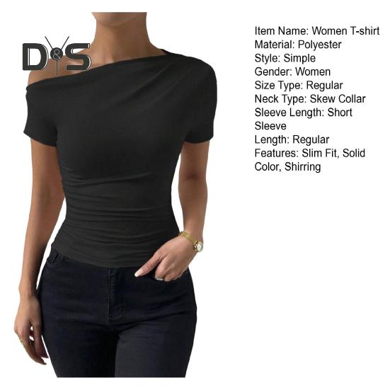 Женская летняя футболка с косым воротником и коротким рукавом, приталенная футболка, однотонный пуловер с боковыми сборками, топы