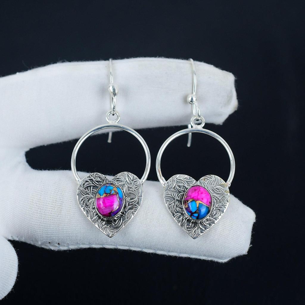 Серьги-сердечки из натурального розового камня Kingman Spiny Oyster, серьги из стерлингового серебра 925 пробы, серьги-подвески из серебра ручной работы в стиле бохо, подарок на Пасху