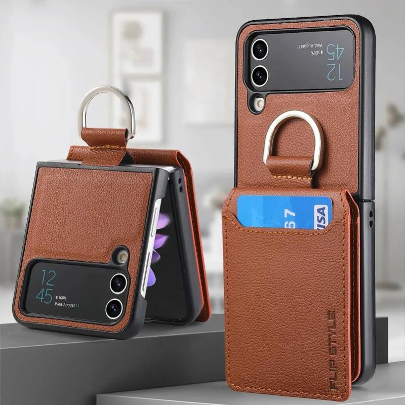 multifunction Card Slot Lychee leather Phone Case for Samsung Z Flip 6 5 4 3 7 5G Ring Holder Shockproof Back Cover for Z Flip6