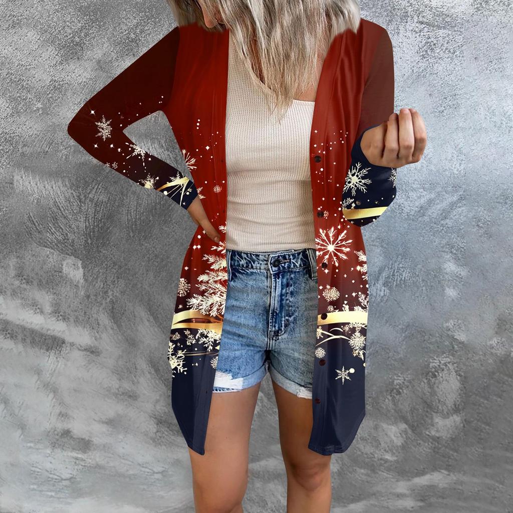 Women's Fashion Casual Long-sleeved Print Medium Length Cardigan Button Jacket Coat