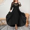 Fall Spring Women Dress See-through Hollow Out Lace Flower Embroidery Three Quarter Sleeve Double Layers Roud Neck Big Swing Plus