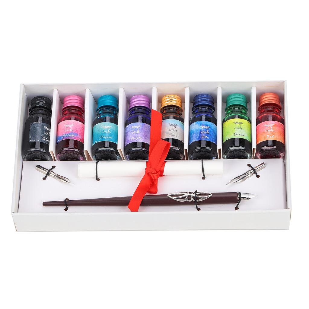 Dip Pen 8-Color Ink Wooden Pole Calligraphy Fountain Pen Gift Box Set with Replaceable Nib