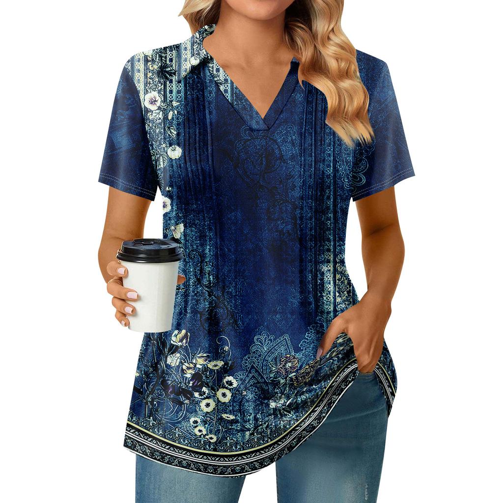 Womens Short Sleeve T Shirts Pleated V Neck Printing Tee Collared Summer Tops Fashion Business Casual Work