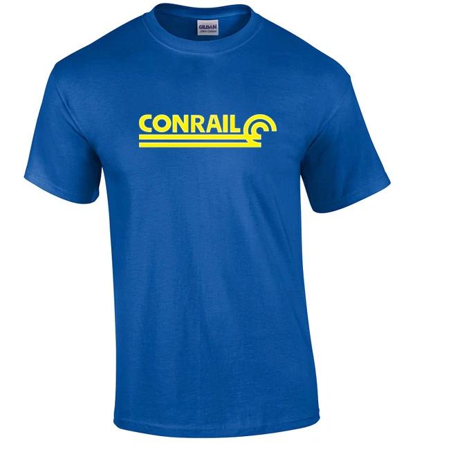 Желтый логотип Conrail на королевско-синей футболке Футболка с поездом недействующей железной дороги
