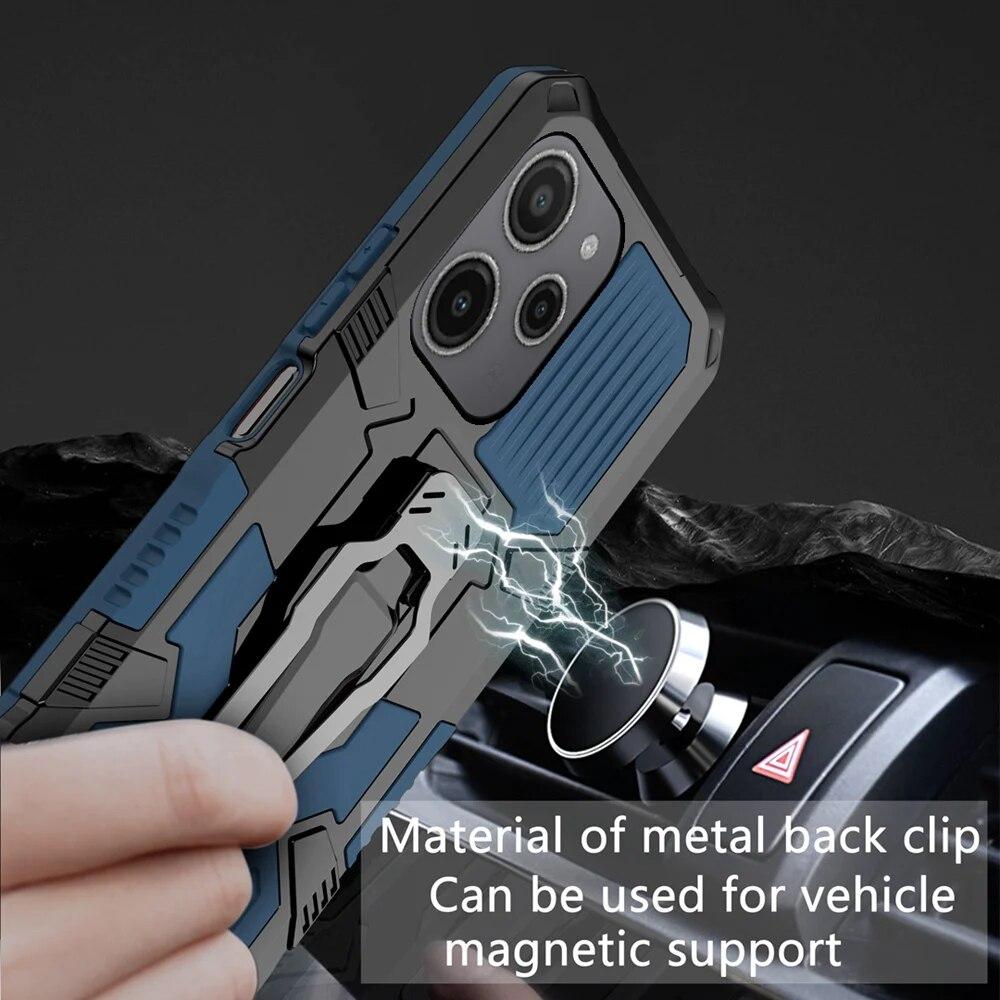 KEYSION Противоударный защитный чехол для Redmi 12 4G 12 5G 12C, силиконовый + ПК, металлическая подставка, задняя крышка с зажимом для телефона для Xiaomi POCO M6 Pro 5G