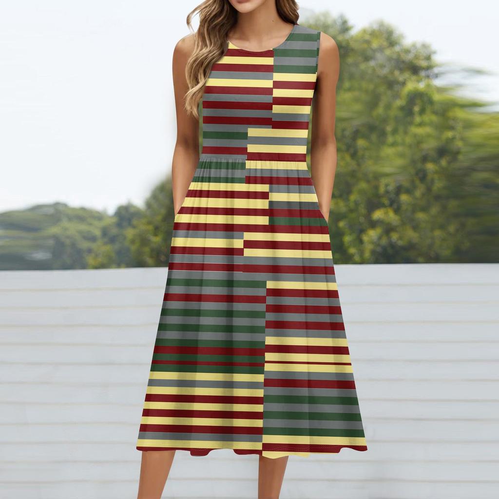 Женское модное платье средней длины с круглым вырезом и принтом без рукавов