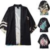 Men's Casual Loose Open Front 3/4 Sleeve Japanese Style Print Cover Up Cardigan