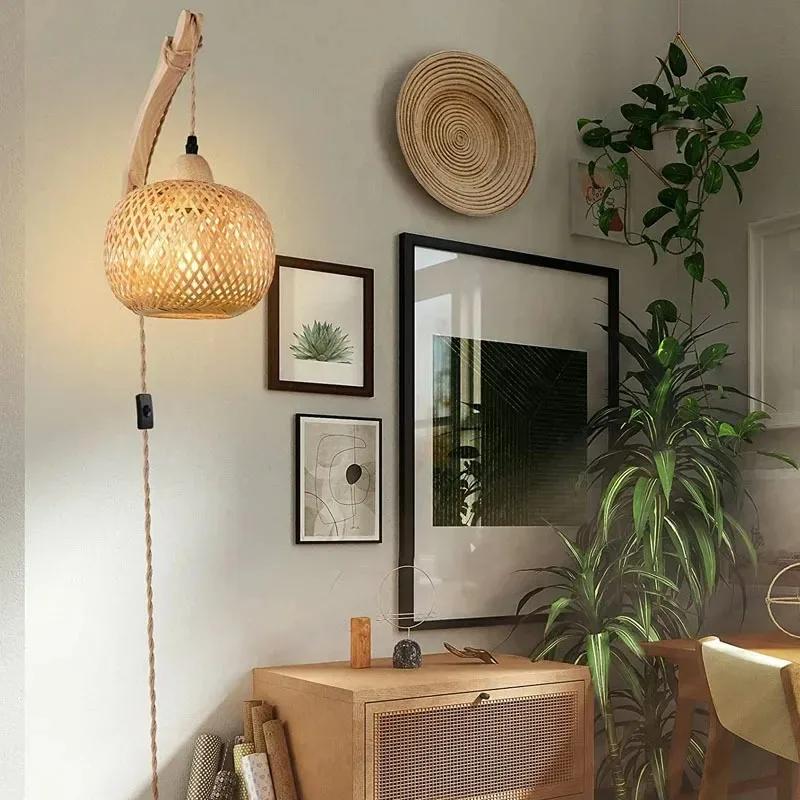 Natural Rattan Wicker E27 Hand-Woven Bamboo Room Decorative Lampshades Wall Light Fixtures Chandeliers Bamboo Lantern Wall Lamps
