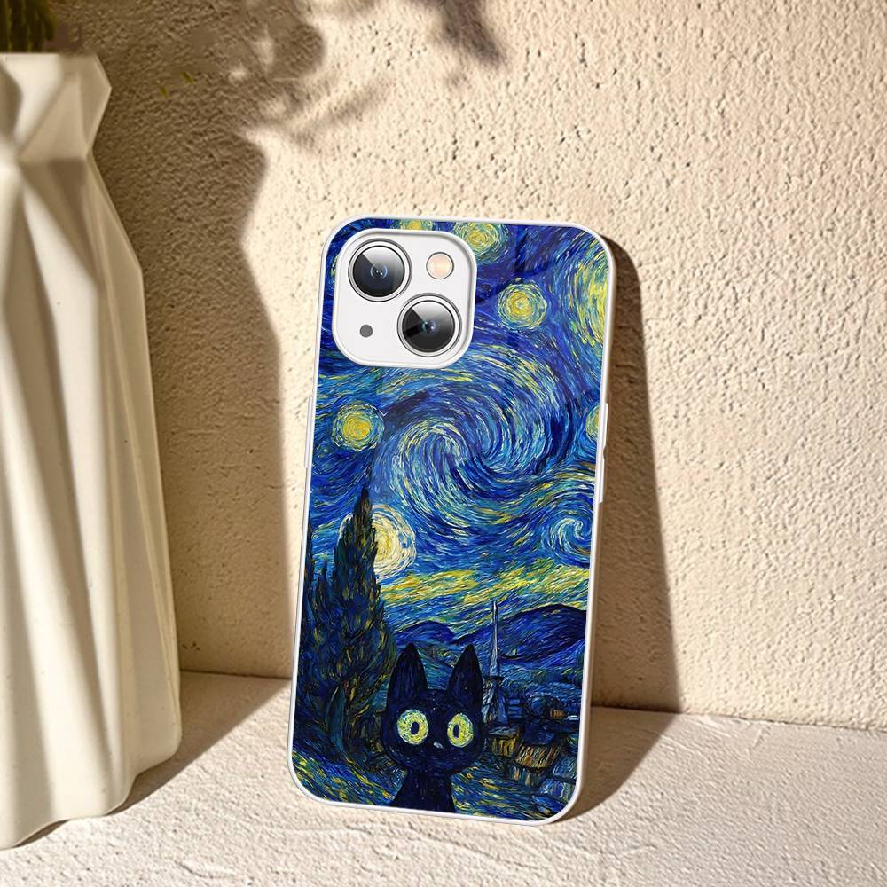 Black Cat Van Gogh Tempered Glass For Iphone 14 13 12 11 Pro Mini XS MAX 14Plus X XS XR Cover