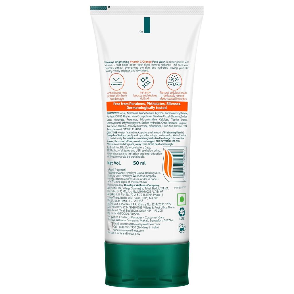 Himalaya Brightening Vitamin C Orange Face Wash 50ml Pack Of 1 Gentle Daily Cleanser For Radiant Skin