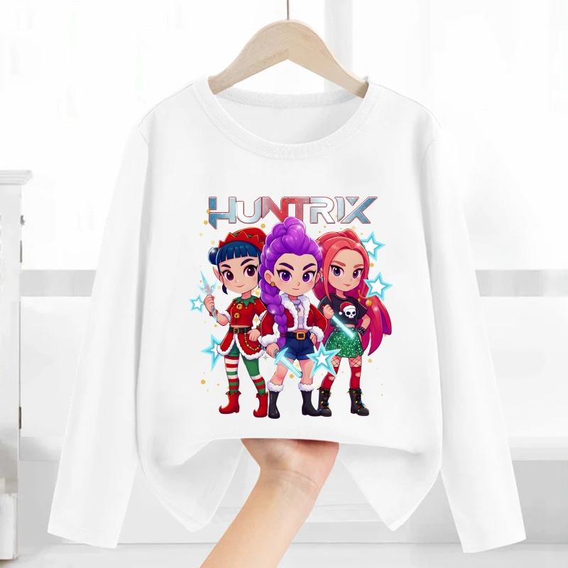 С Рождеством Kpop Охотники на Демонов Принт Модная Детская Футболка Повседневная Детская Одежда Осень Мальчики Девочки Футболка с Длинным Рукавом