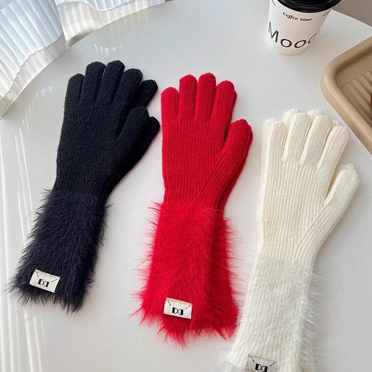 Осень и Зима Дофаминовый Однотонный Теплый Вязаный Варежки с Пятью Пальцами - Универсальные, Милые, Длинный Велосипедный Рукав для Девочек
