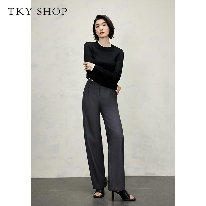 Fake two contrasting color knitted shirts for women, spring style round neck slim fit base shirt, versatile