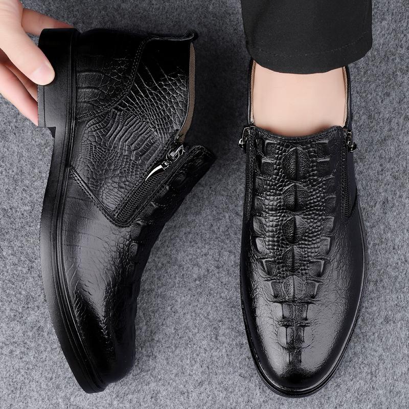 FashionGenuine Leather Men Snow Boots Outdoor High Top Shoes Luxury Male Ankle Boots Warm Plush Fur Winter Chelsea Boots Business Shoes