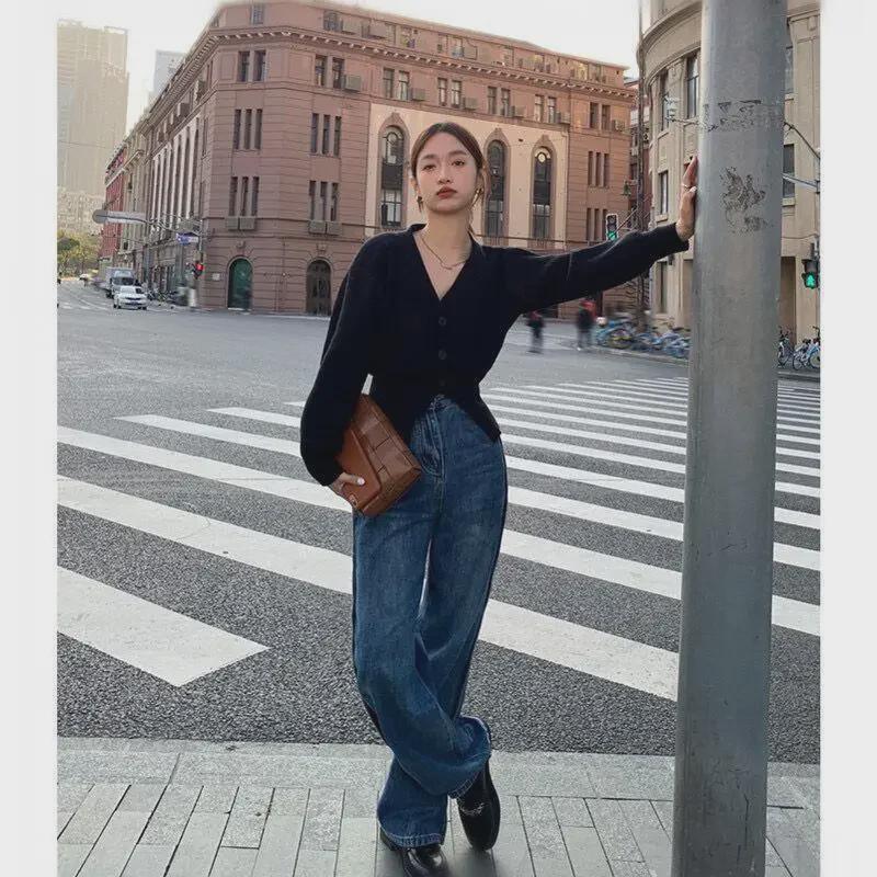 Женский свитер-кардиган с V-образным вырезом и разрезом 2023 года — ранняя весна/осень, корейский шикарный вязаный топ