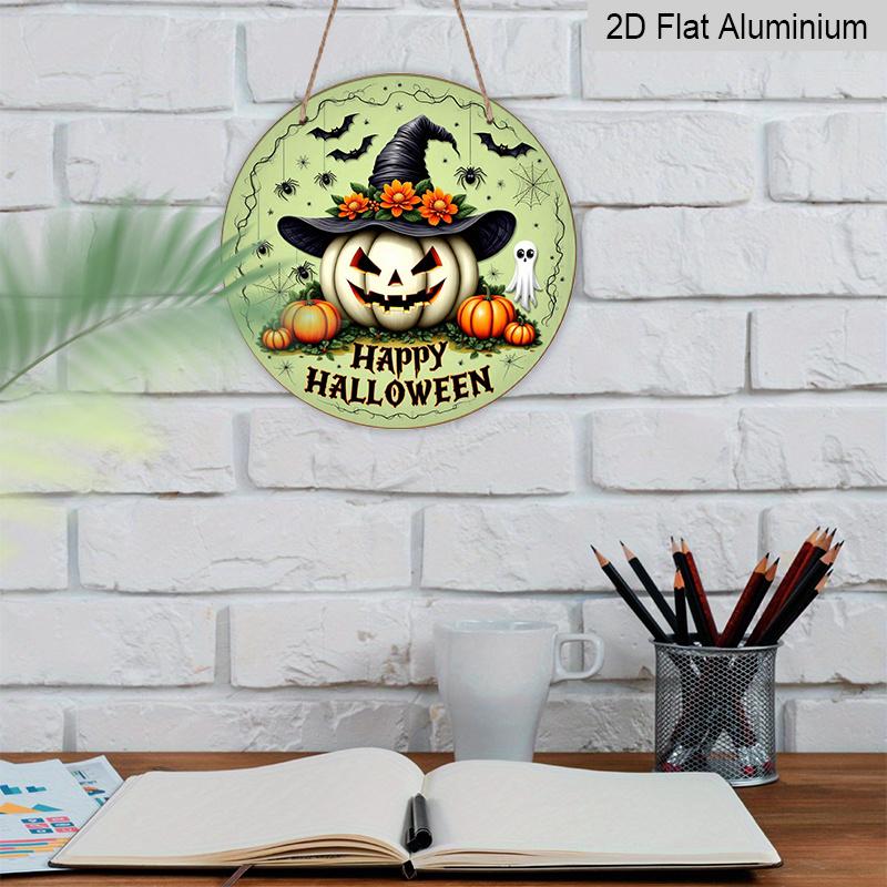 2D Flat, 1pc Retro Bohemian Style Aluminum Halloween Wall Decor Plaque - Round Witch Hat, Bat, Pumpkin And Metal Sign with "Happy Halloween" Quote