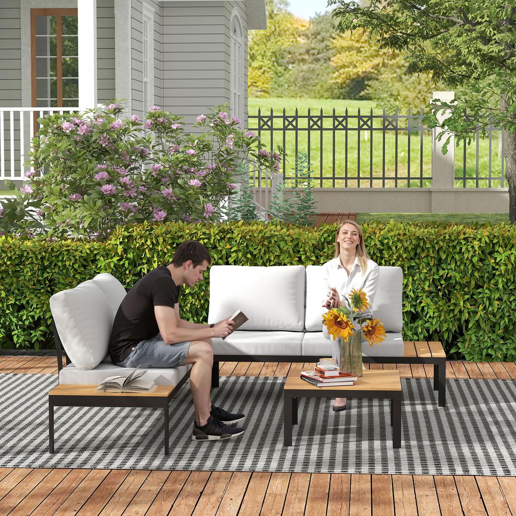 Garden Set 4 Pieces with 2 2-Seater Loveseats and 2 Coffee Tables in Metal and Composite Wood, Grey Black and Teak