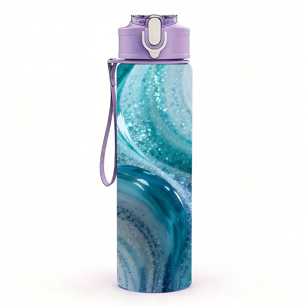 1PC Teal Blue Gold Marble Pattern 750ml Color Plastic Sports Water Bottle Leakproof Flip Straw Lid Suitable for Sports Office Home Use