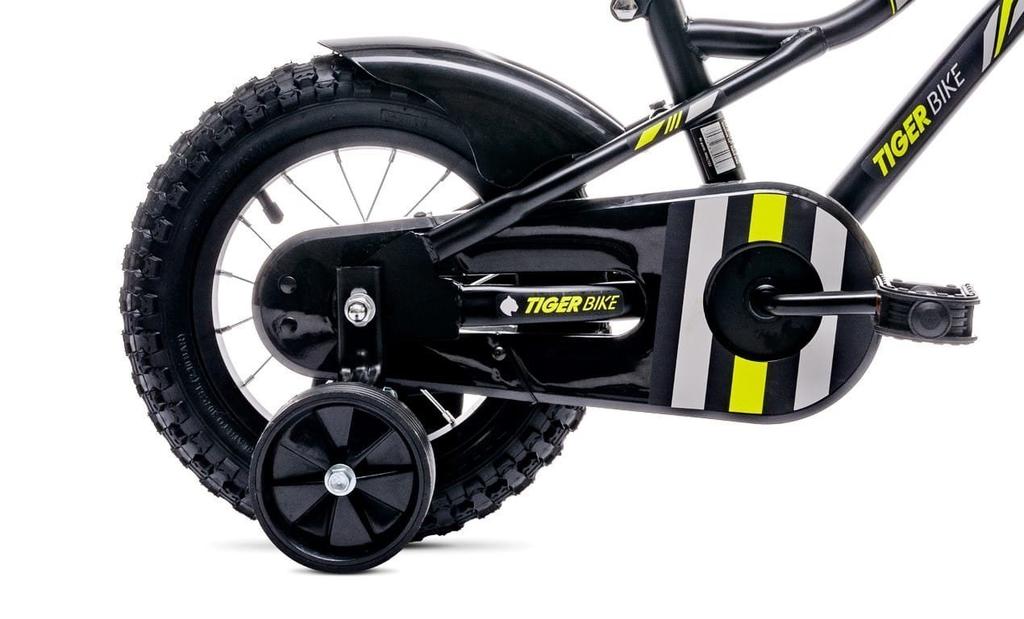 Rower Dla Chłopca 12 Cali Pchacz Kółka Boczne Koszyk Tiger Bike Czarno - Żołto - Szary