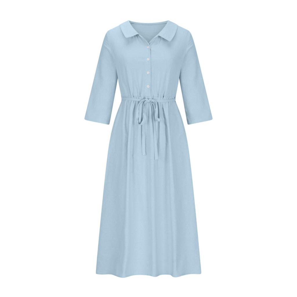 2024 Summer Trendy Lapel Dress: Cotton & Linen, Five-Point Sleeve, Long Skirt