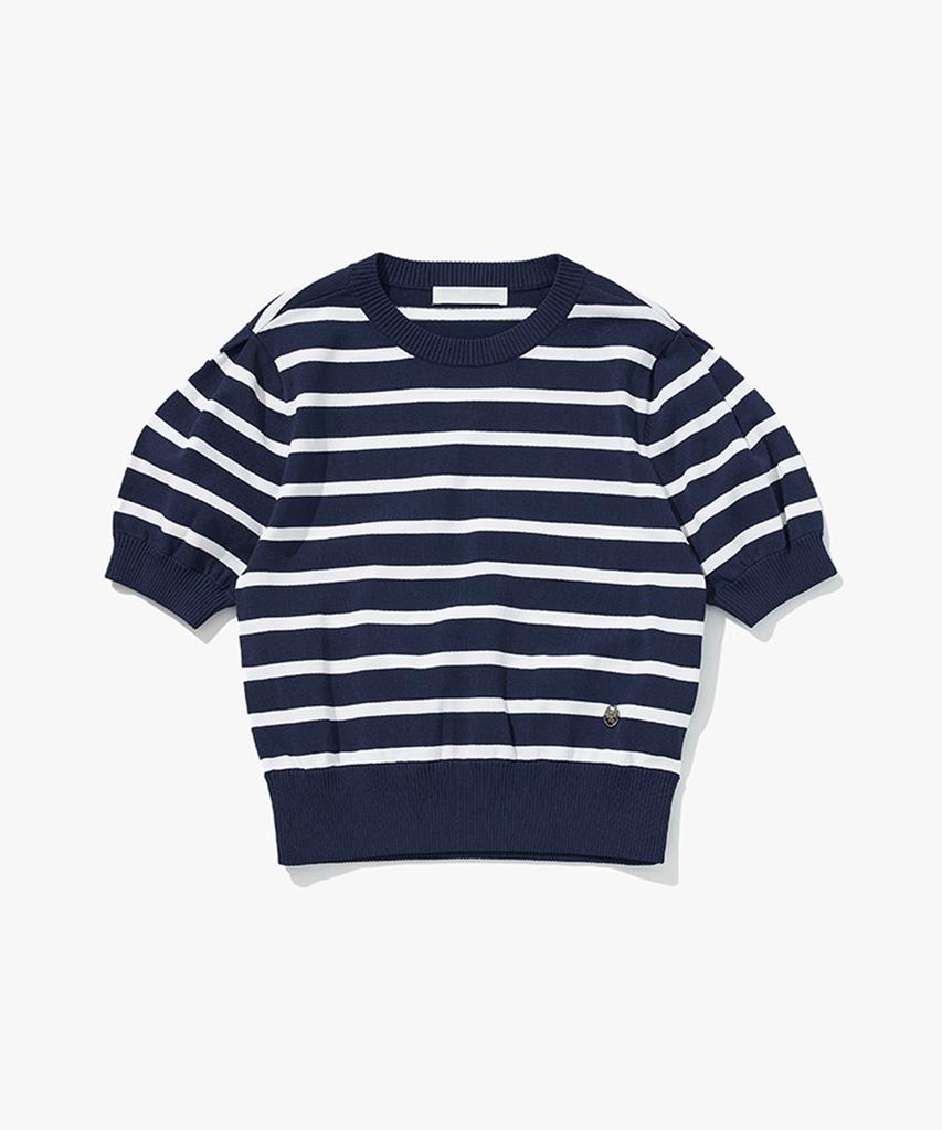 PLAC WOMEN Striped Puff Sleeve Knit Top Navy
