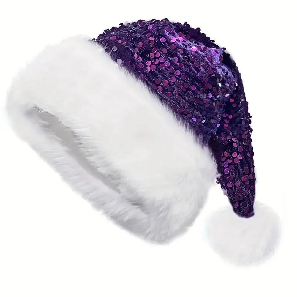Double-Layer Sequin Christmas Hat Plush Santa Claus Hat With Long Fluffy Pompom Adults And Kids Christmas Party Decoration