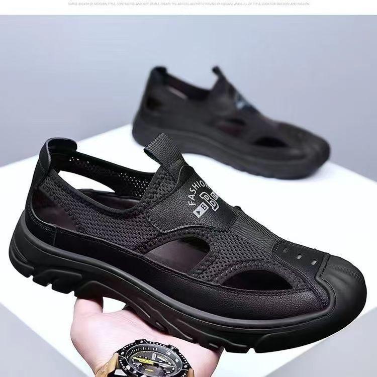 Sandals Men's Summer New Leather Mesh Breathable Hole Shoes Driving Outdoor Casual Wading Shoes Beach Shoes