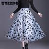 Сетчатая юбка с цветочным принтом, женская весенне-летняя плиссированная юбка трапециевидной формы средней длины с высокой талией