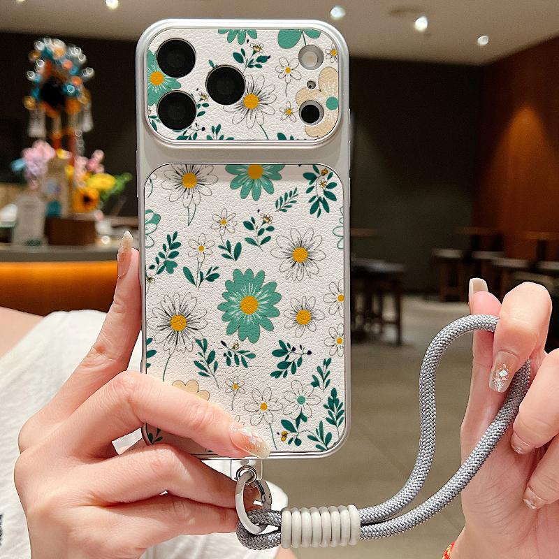Чехол-шнурок из кожи с рисунком ромашек для iPhone 18 Pro Max Гибридный противоскользящий мягкий чехол из ТПУ+ПУ для iPhone 17 16 15 14 13 Pro Max
