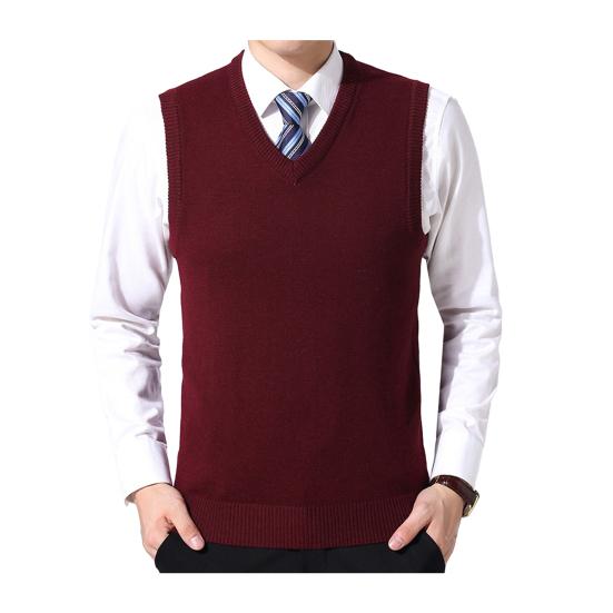 Men Vest Sweater V Neck Sleeveless Slim Fit Solid Color Knitted Pullover Slim Fit Mid Length Thickened Business Style Sweater