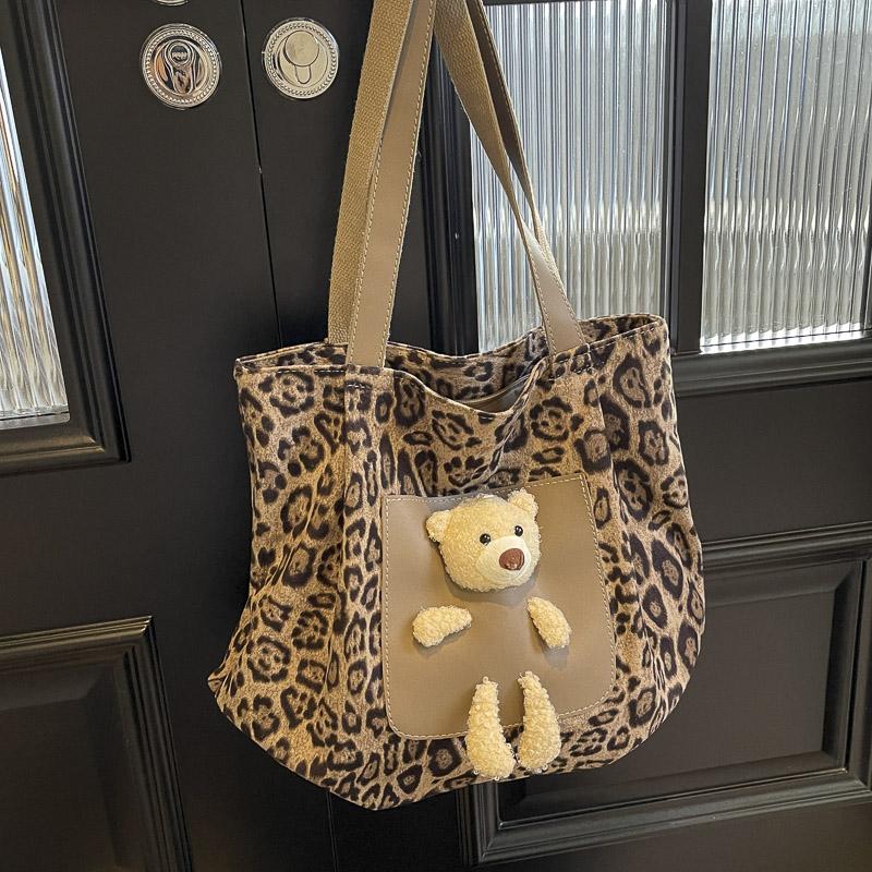 Винтажная леопардовая сумка-тоут большой емкости с принтом медведя через плечо для женщин