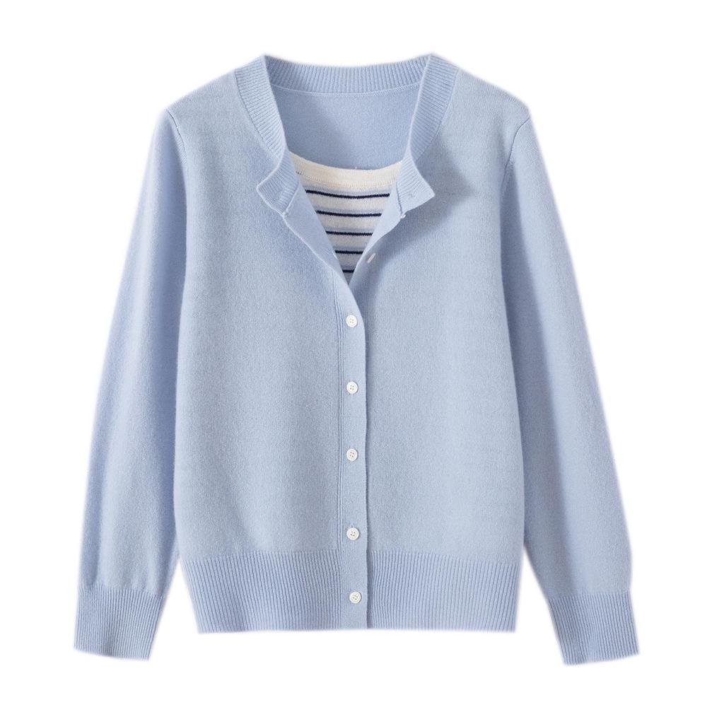 Plus Size Korean Style Wool Striped Two-Piece Cardigan - Slimming Short Autumn/Winter Top