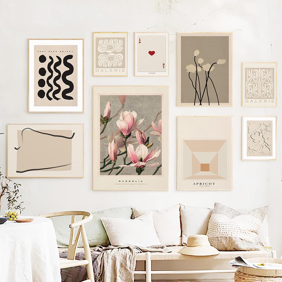 Бежевая абстрактная кривая линия магнолии, цветок, настенная живопись на холсте, постеры на скандинавскую тему и принты, настенные панно для декора гостиной
