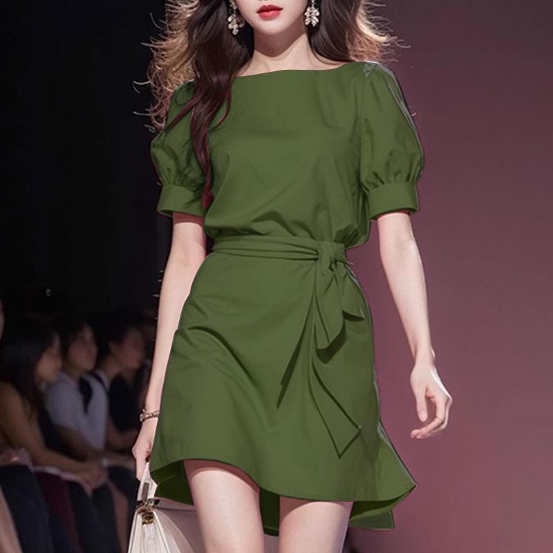 VONDA Женские элегантные платья с круглым вырезом и коротким рукавом с бантом и узлом А-силуэта