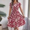 Spring Summer Women Short Sleeve Floral Pleated High Waist A Line Long Dress