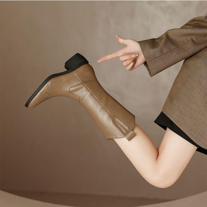 Модная обувь средней длины из коричневой кожи, женские полусапоги на среднем каблуке, черные готические туфли с удобными ботинками в стиле косплей Gyaru