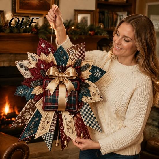 Unique Seasonal Decorative Crafts Christmas DIY Quilted Bow Sewing Craft Kit, Pre-cut Patchwork Handmade Fabric Decoration Projects Set, Holiday Door