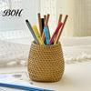 Pen Storage Container Faux Rattan Holder, Woven Style Makeup Brush Boho Office Desk Organizer Desktop Organizer, Multi-functional Resin Pencil Cup for