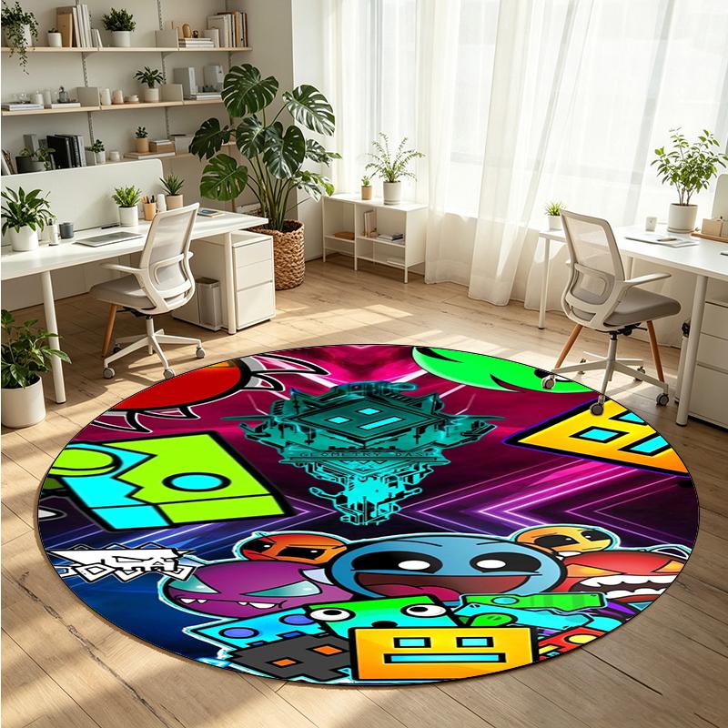 Geometry Dash Printed Round Crystal Velvet Rug Soft Non Slip Floor Carpet For Bedroom Holiday Gift