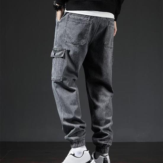 Мужские брюки-карго, свободные однотонные брюки с несколькими карманами, эластичные брюки со средней талией в стиле ретро, ​​мягкая дышащая уличная одежда больших размеров, мужские брюки больших размеров