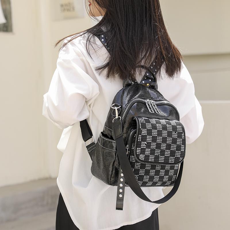 Women's Backpack Chessboard Rhinestone Bag Outdoor Leather Backpack