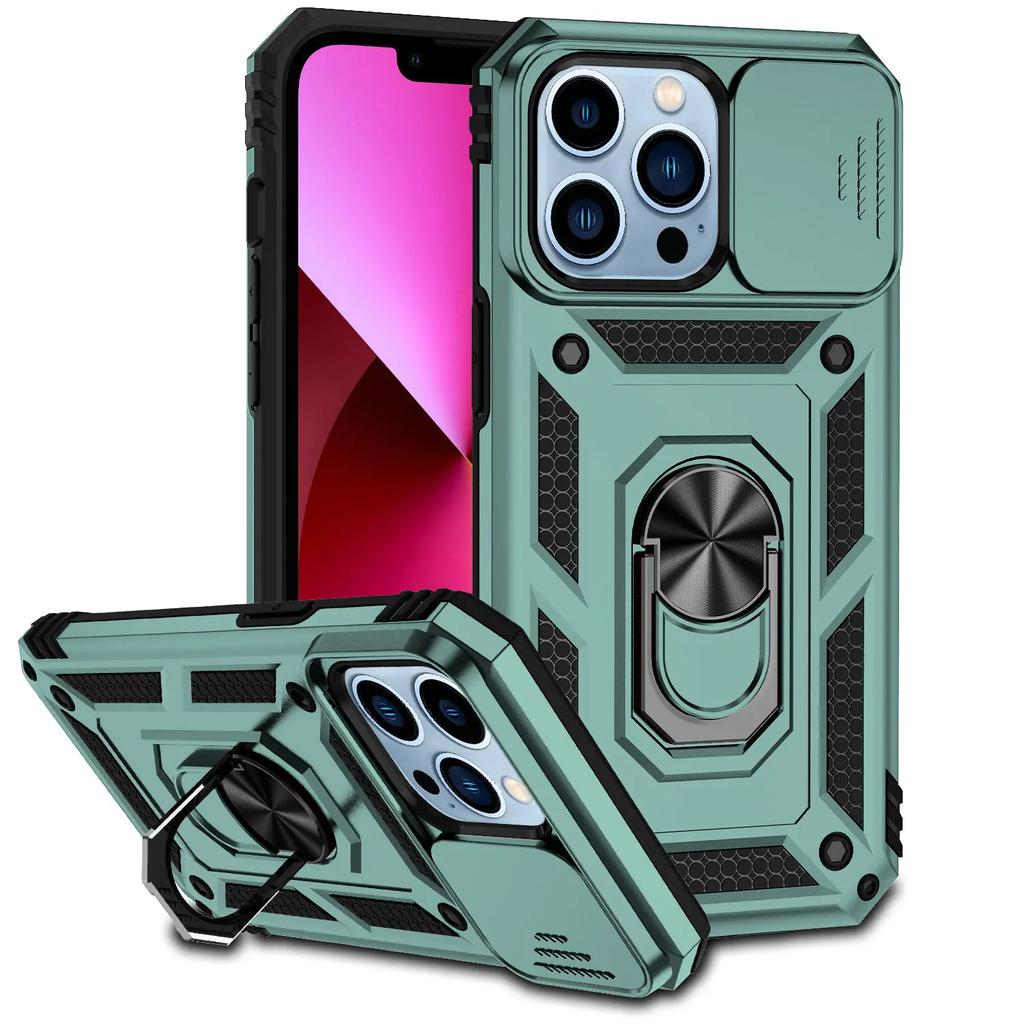 Army Push Window Shockproof Phone Case For iPhone14 13 12 11 Pro Max X XR XS 7 8 Plus Magnetic Ring Holder Military Rugged Cover