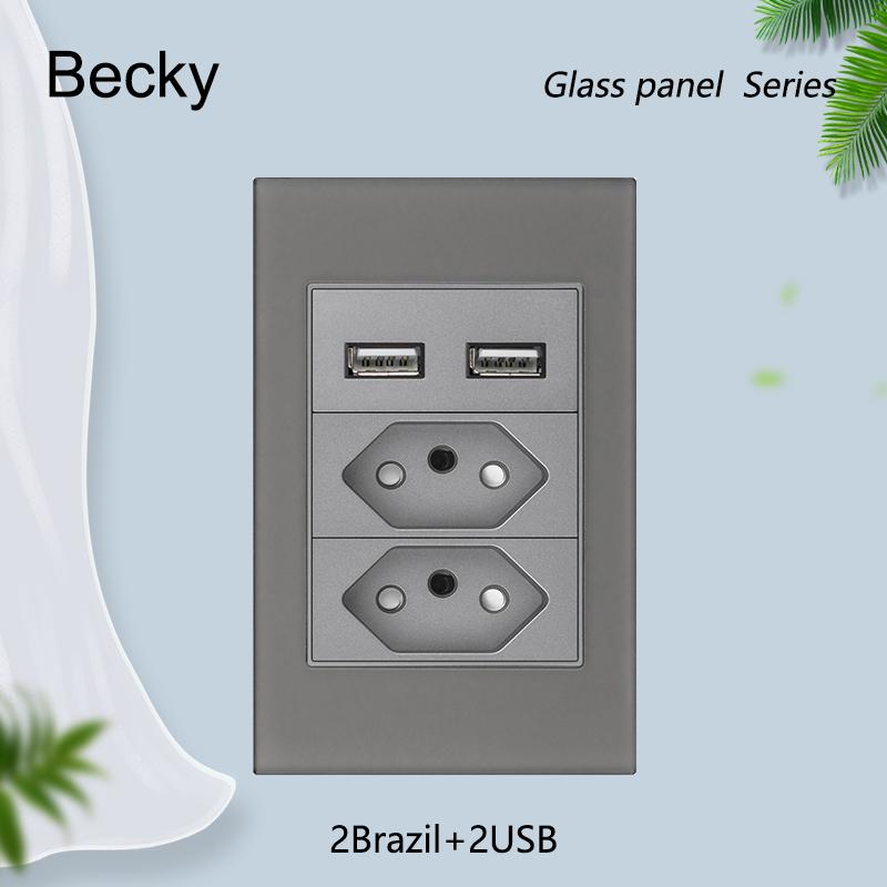 Glass Panel Brazil Registered Jack Dual Usb C- Type Light Switch Office Wall Power Socket 118 * 72mm Grey Fiberglass 20a 10a