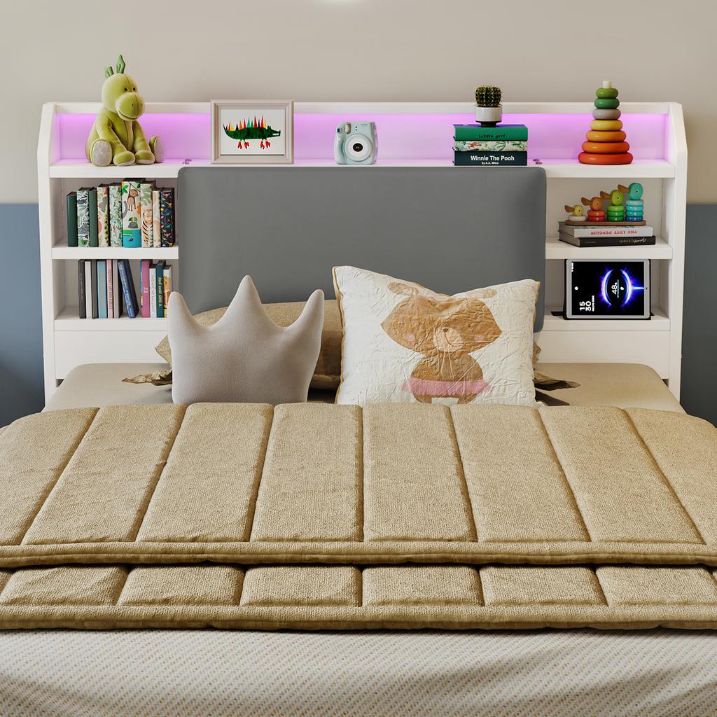 Wooden bed 120x200 cm pull-out bed 90x190 cm, white with padded headboard, LED light strip, headboard shelf and charging station, mountable left/right